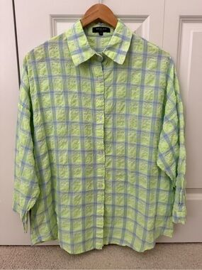 Beulah Women's Yellow Lime Green and Blue Long Sleeve Button Down Small Mint